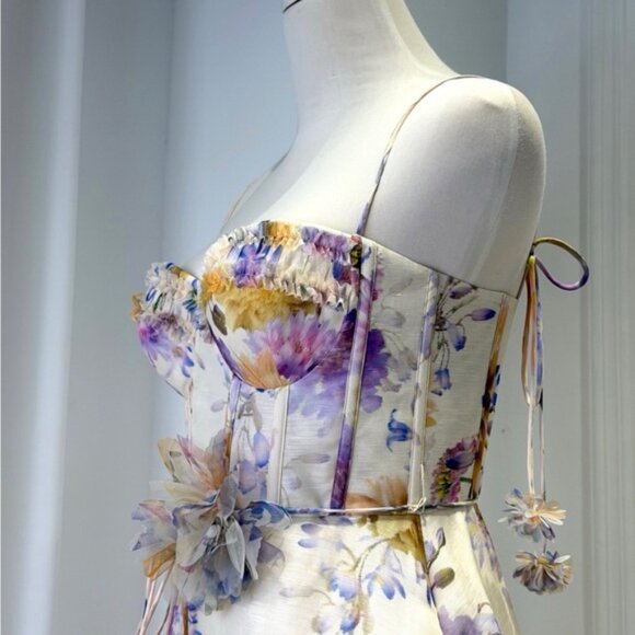 Zimmermann Luna Ruffle Midi Dress Cream Dahlia Floral Bustier A-Line Dress - Picture 5 of 9